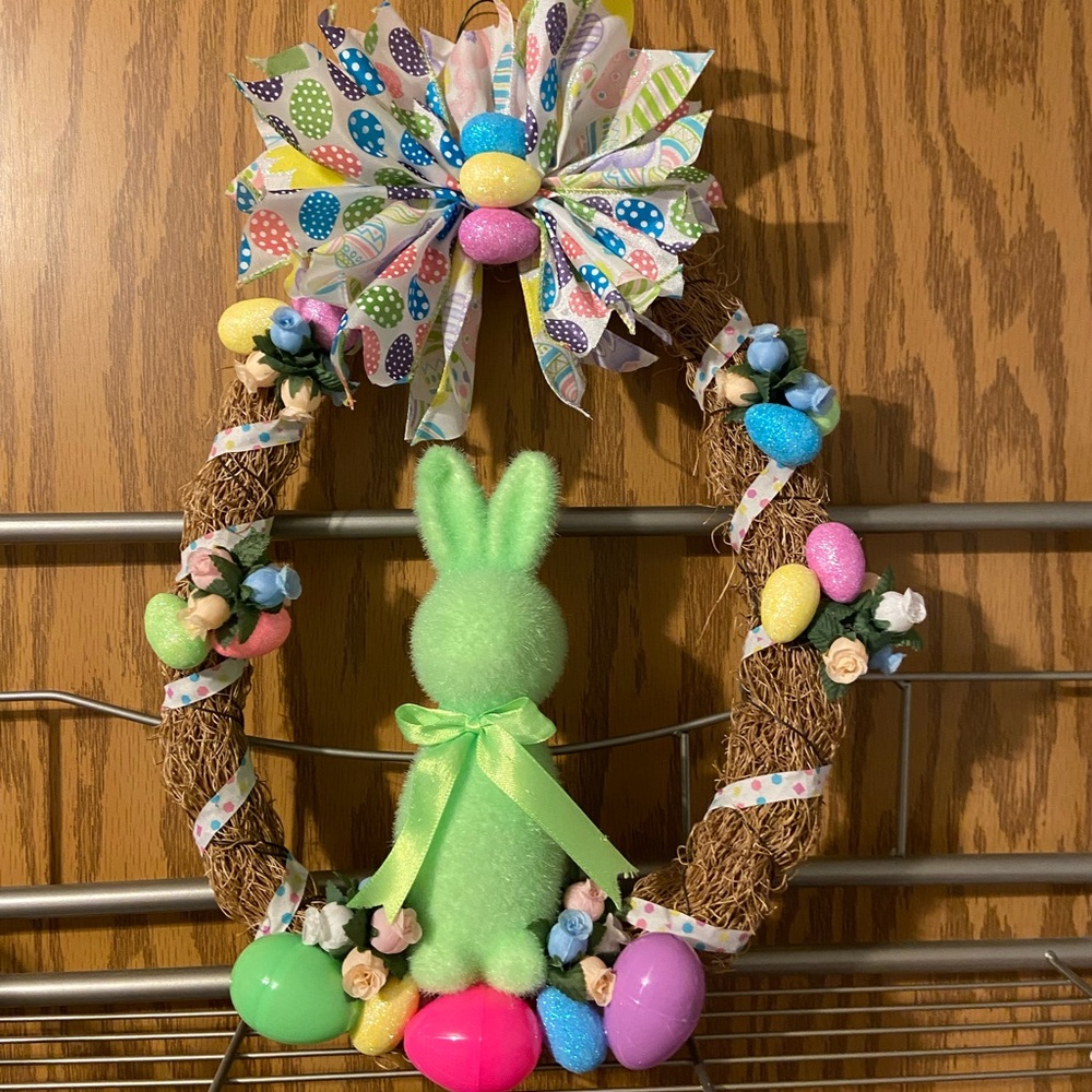 Easter Wreath with Green Bunny and Colorful Eggs